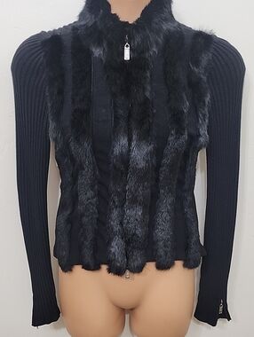 Black Rabbit Fur Front Zip Cardigan